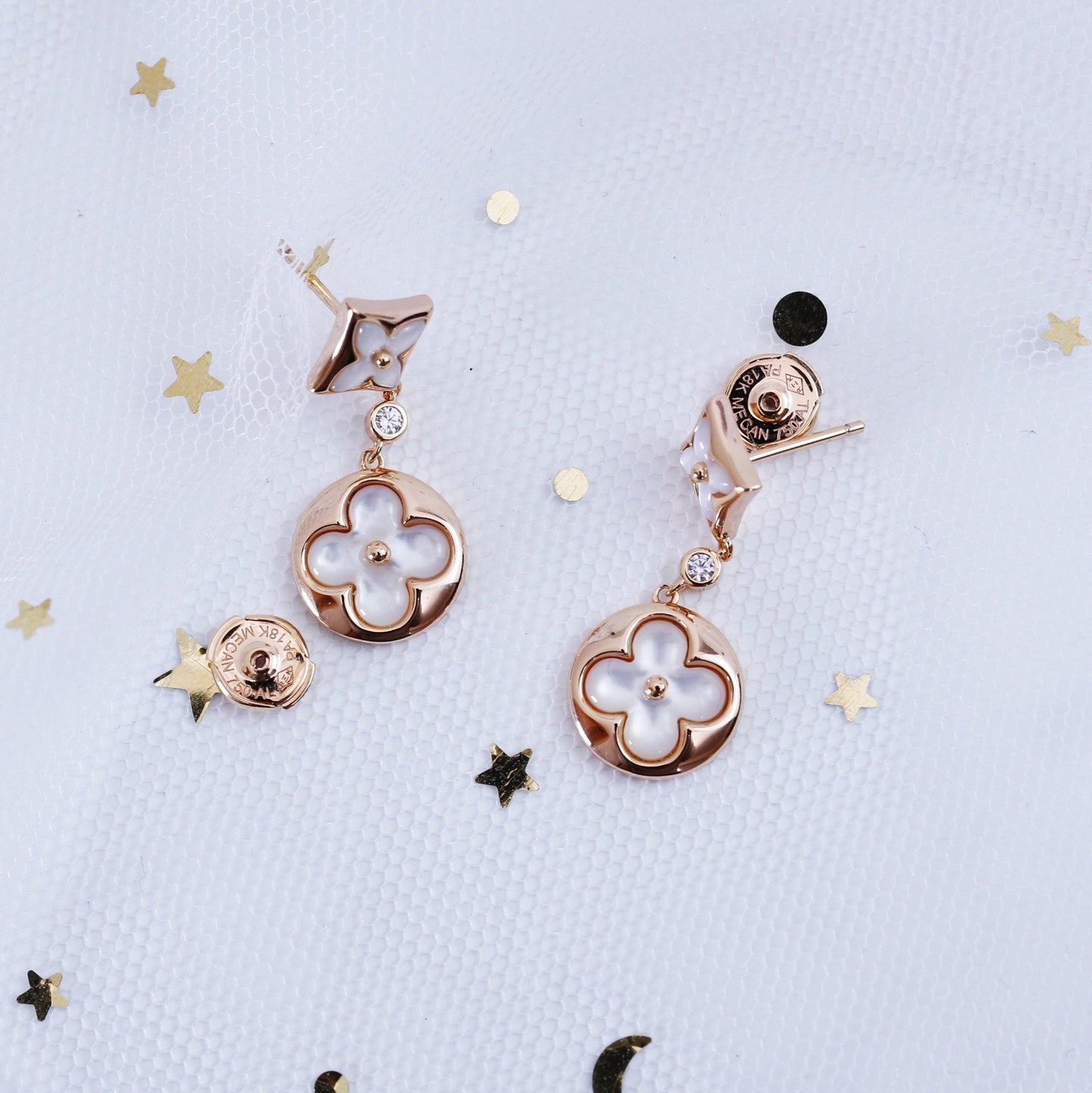 [Panda Jewelry]STAR AND SUN PINK GOLD MOP DROP EARRINGS