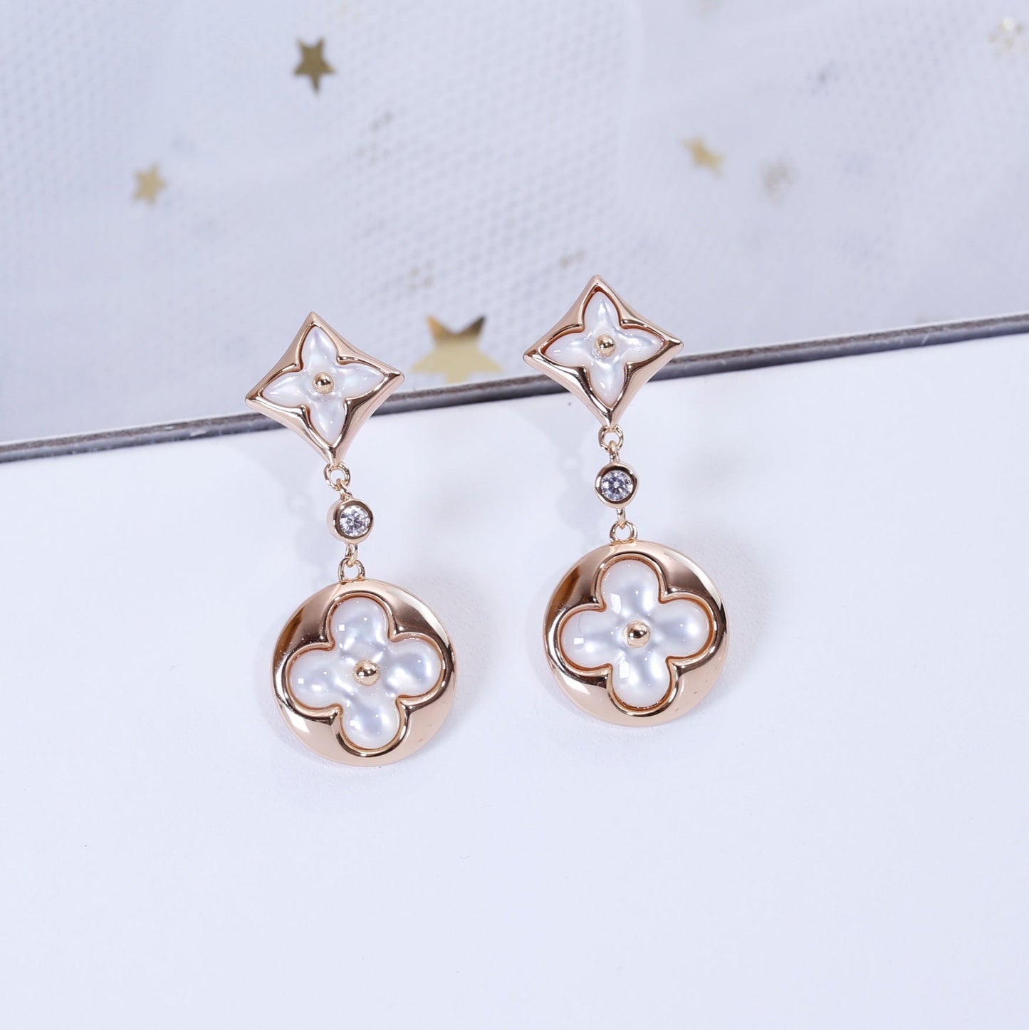 [Panda Jewelry]STAR AND SUN PINK GOLD MOP DROP EARRINGS