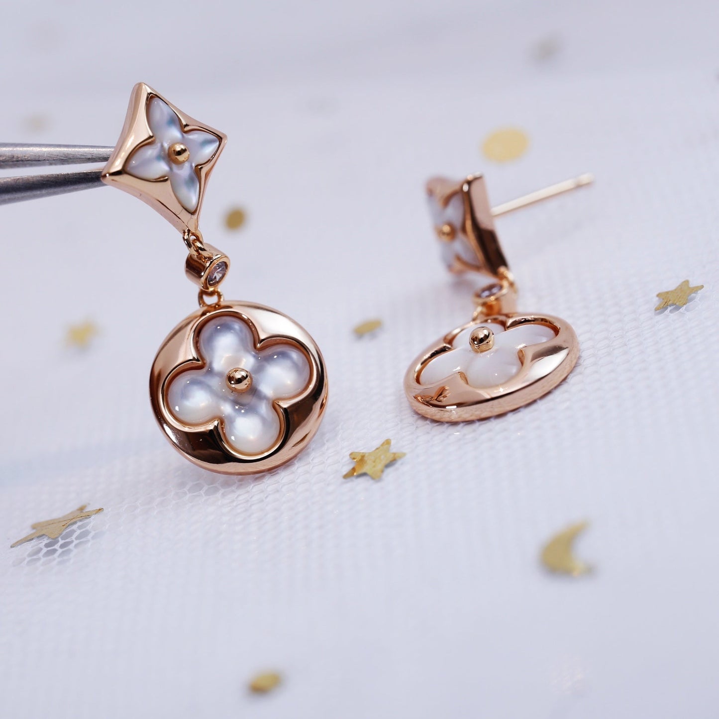 [Panda Jewelry]STAR AND SUN PINK GOLD MOP DROP EARRINGS