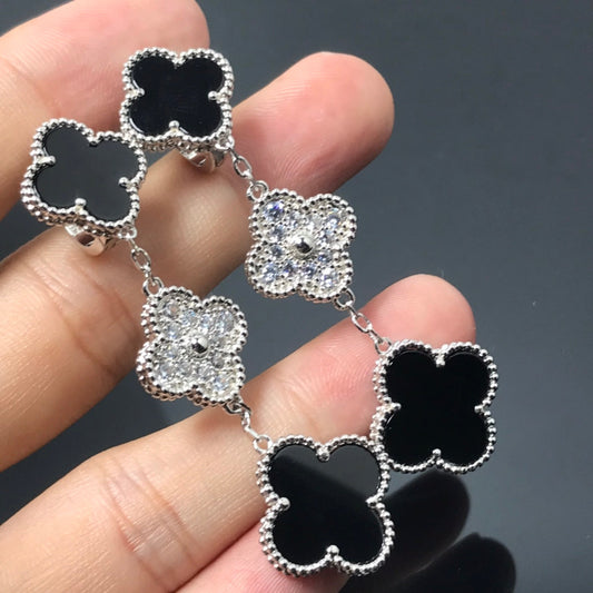 [Panda Jewelry]CLOVER 3 MOTIF DIAMOND ONYX SILVER EARRINGS