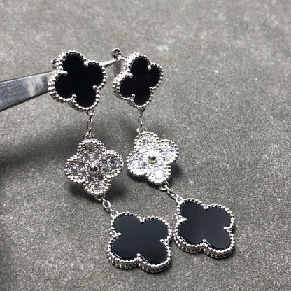 [Panda Jewelry]CLOVER 3 MOTIF DIAMOND ONYX SILVER EARRINGS