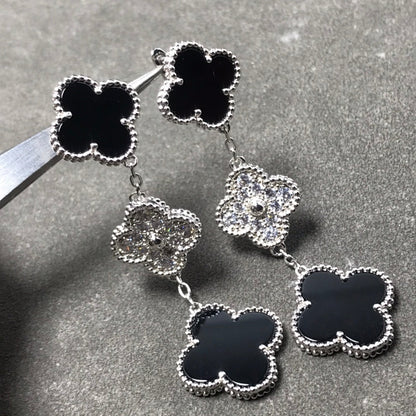 [Panda Jewelry]CLOVER 3 MOTIF DIAMOND ONYX SILVER EARRINGS