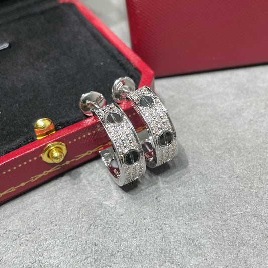 [Panda Jewelry]LOVE CERAMIC DIAMOND PAVED SILVER EARRINGS