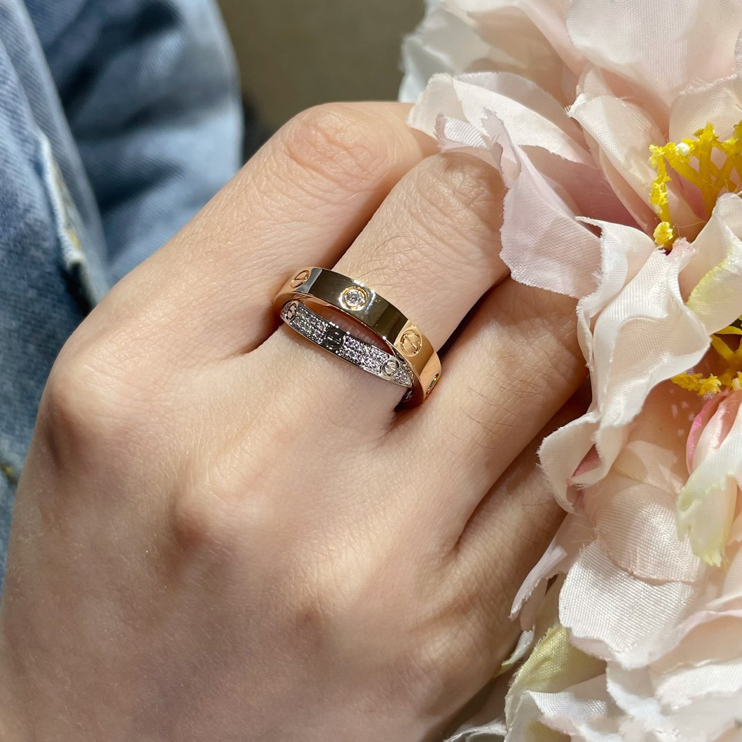 [Panda Jewelry]LOVE PINK GOLD SILVER DIAMOND DOUBLE RING