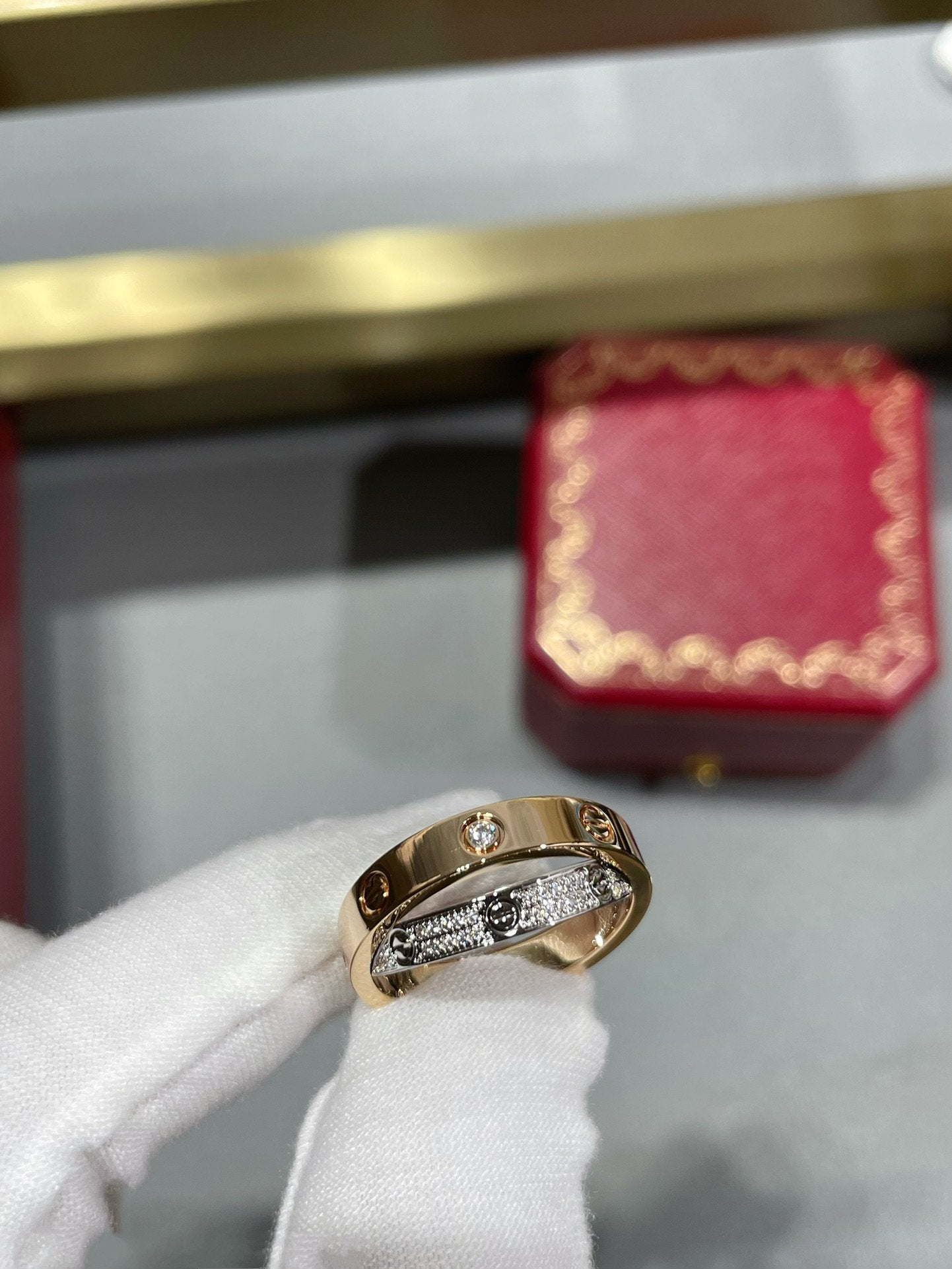 [Panda Jewelry]LOVE PINK GOLD SILVER DIAMOND DOUBLE RING