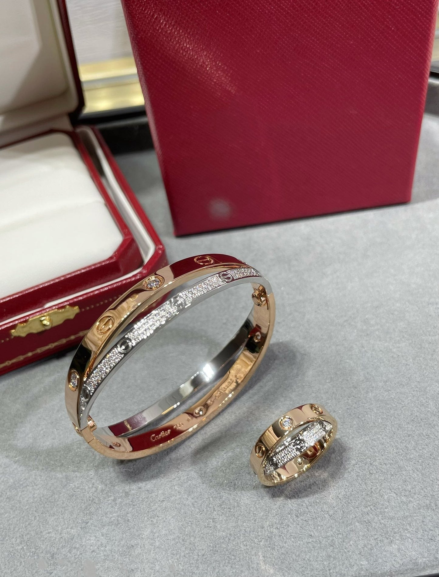[Panda Jewelry]LOVE PINK GOLD SILVER DIAMOND DOUBLE RING