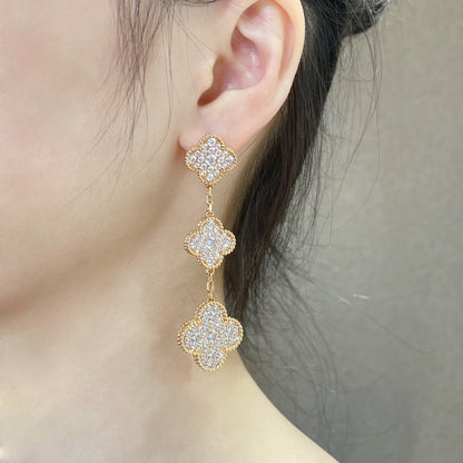 [Panda Jewelry]CLOVER 3 MOTIFS DIAMOND PAVED ROSE GOLD EARRINGS