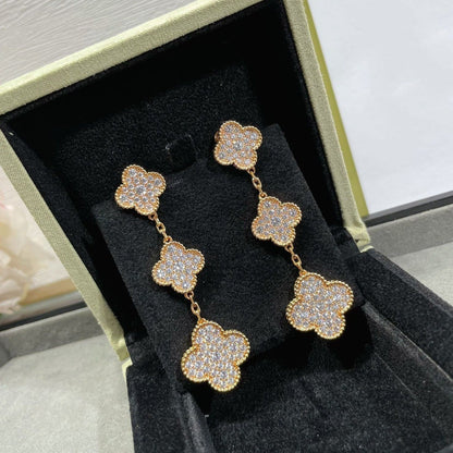 [Panda Jewelry]CLOVER 3 MOTIFS DIAMOND PAVED ROSE GOLD EARRINGS