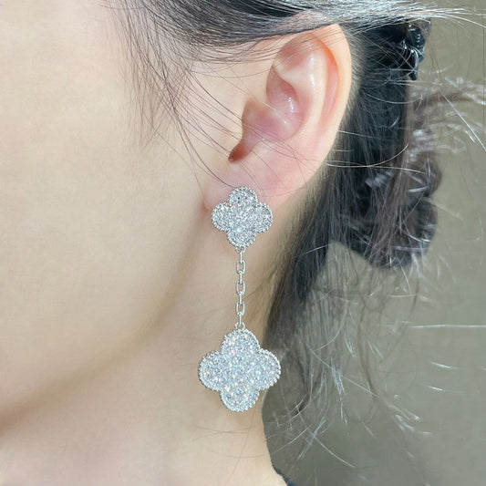 [Panda Jewelry]CLOVER 2 MOTIFS DIAMOND PAVED SILVER EARRINGS