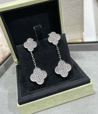 [Panda Jewelry]CLOVER 2 MOTIFS DIAMOND PAVED SILVER EARRINGS