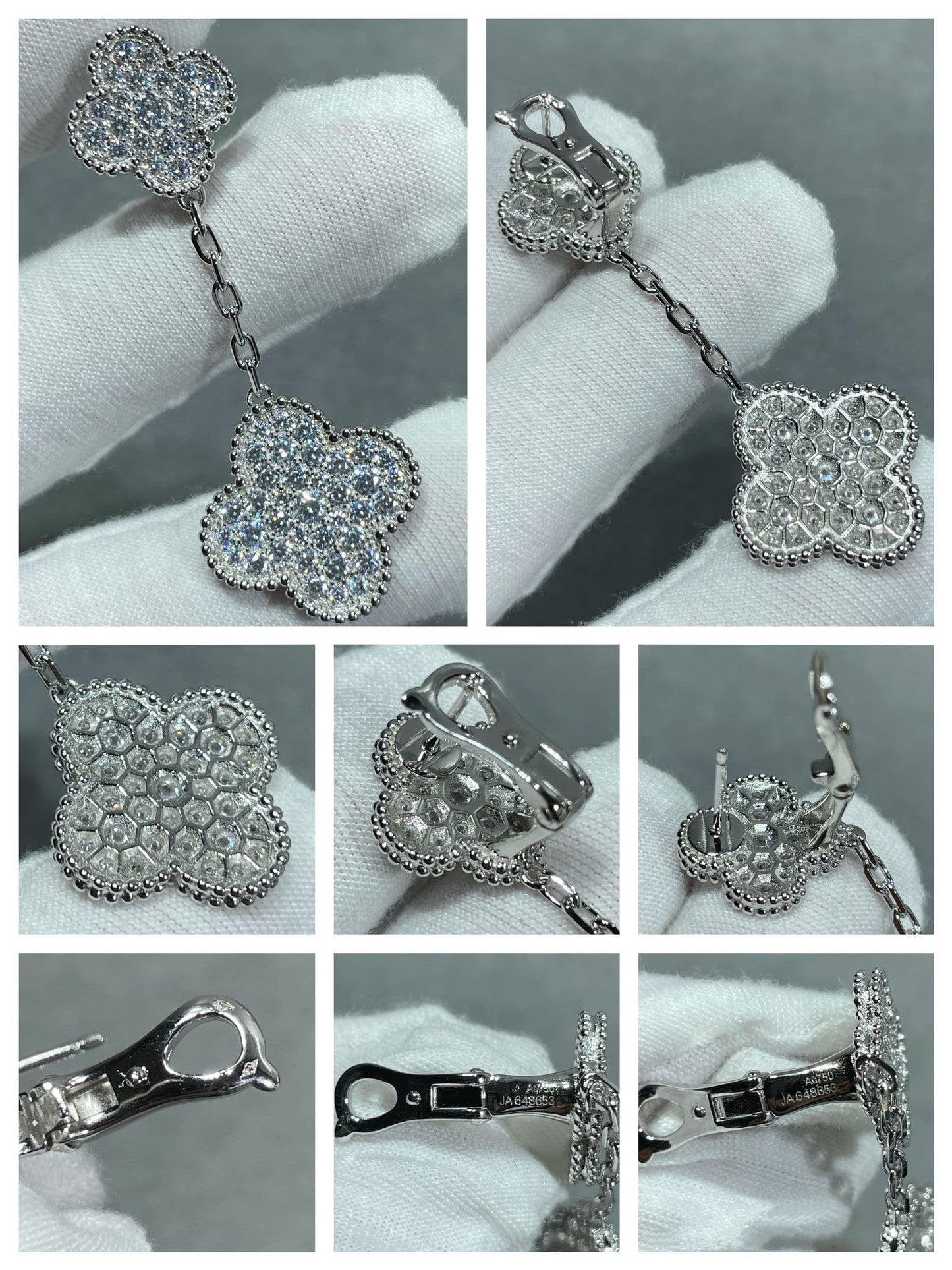 [Panda Jewelry]CLOVER 2 MOTIFS DIAMOND PAVED SILVER EARRINGS