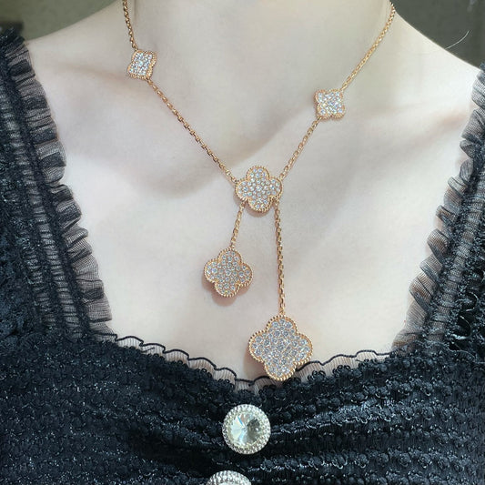 [Panda Jewelry]CLOVER 6 MOTIF DIAMOND PAVED NECKLACE