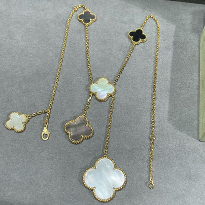 [Panda Jewelry]CLOVER 6 MOTIF MOP ONYX GOLD NECKLACE