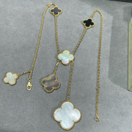 [Panda Jewelry]CLOVER 6 MOTIF MOP ONYX GOLD NECKLACE