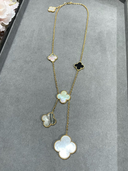 [Panda Jewelry]CLOVER 6 MOTIF MOP ONYX GOLD NECKLACE