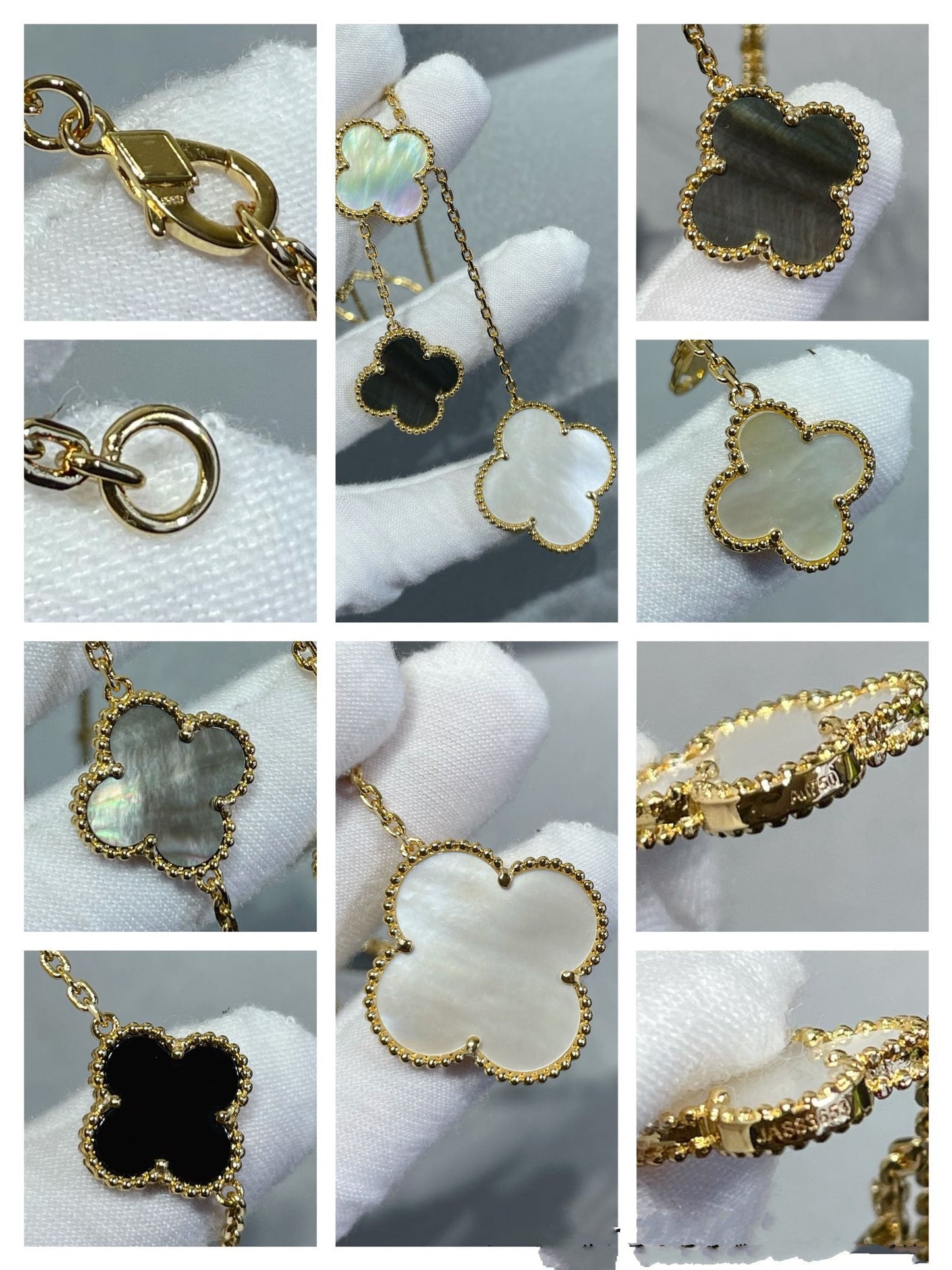[Panda Jewelry]CLOVER 6 MOTIF MOP ONYX GOLD NECKLACE