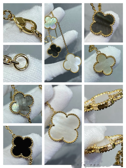 [Panda Jewelry]CLOVER 6 MOTIF MOP ONYX GOLD NECKLACE