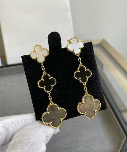 [Panda Jewelry]CLOVER 3 MOTIF MOP ONYX DARK MOP PINK GOLD EARRINGS
