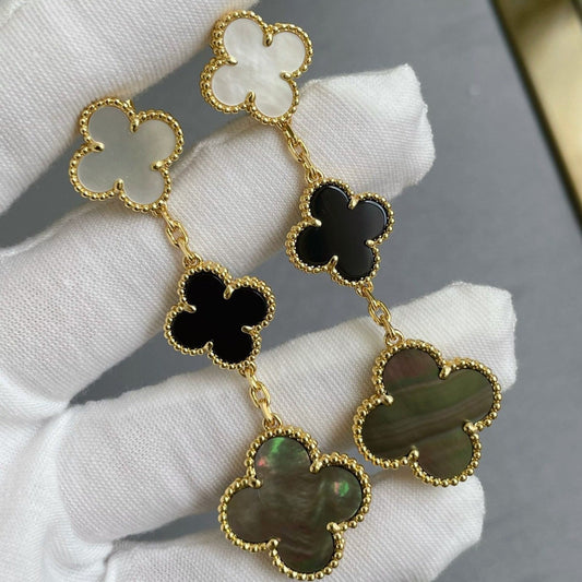 [Panda Jewelry]CLOVER 3 MOTIF MOP ONYX DARK MOP PINK GOLD EARRINGS