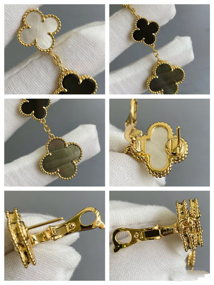[Panda Jewelry]CLOVER 3 MOTIF MOP ONYX DARK MOP PINK GOLD EARRINGS