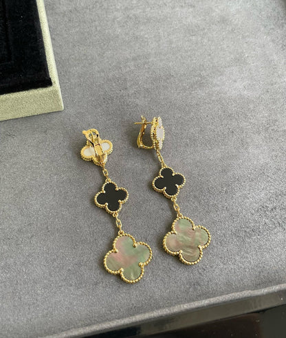 [Panda Jewelry]CLOVER 3 MOTIF MOP ONYX DARK MOP PINK GOLD EARRINGS