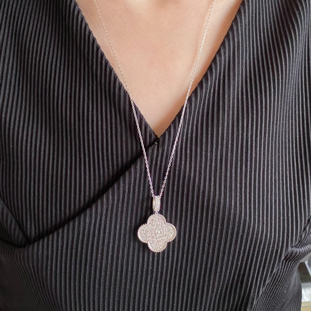 [Panda Jewelry]CLOVER 25MM LARGE PEDANT DIAMOND PAVED LONG NECKLACE