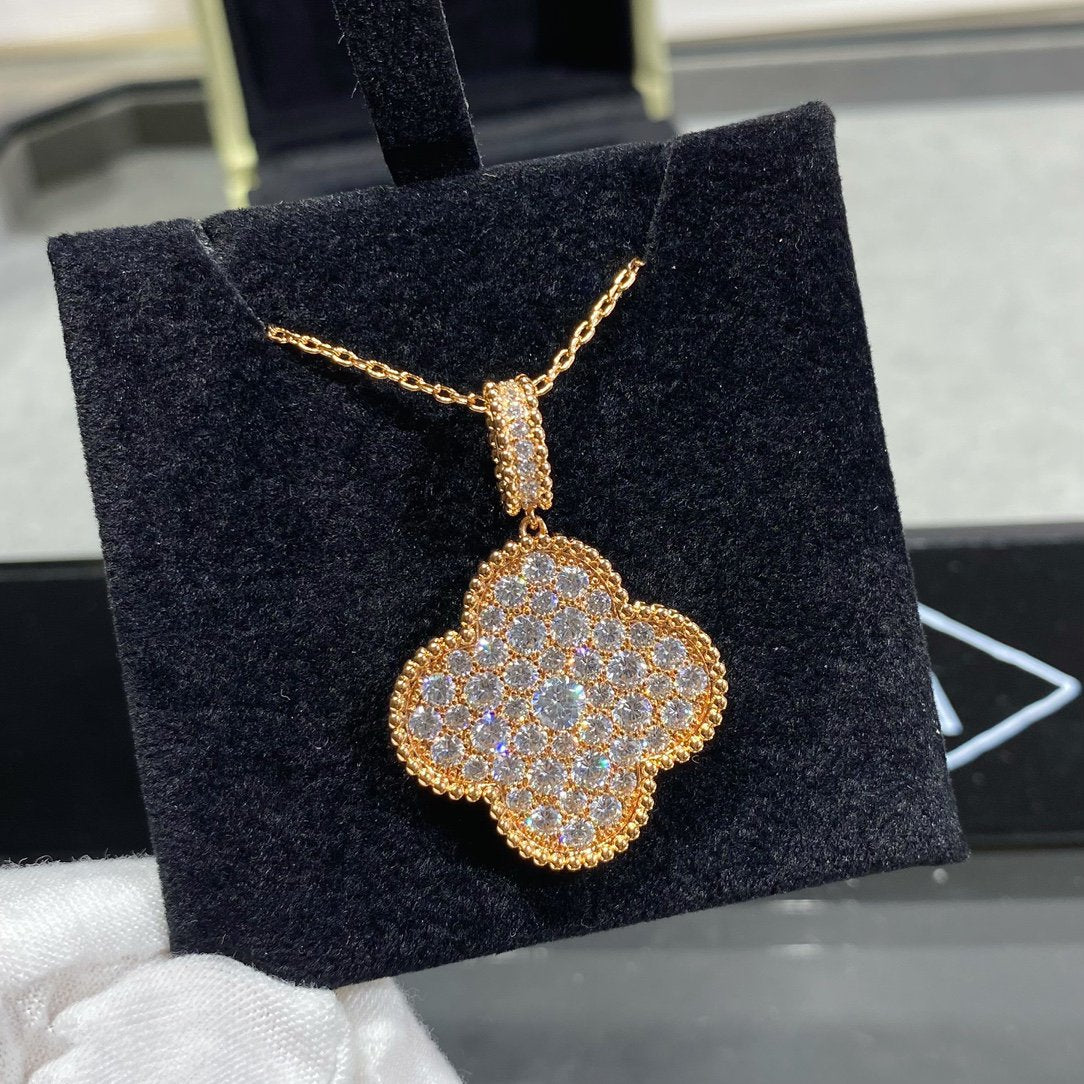 [Panda Jewelry]CLOVER 25MM LARGE PEDANT DIAMOND PAVED LONG NECKLACE