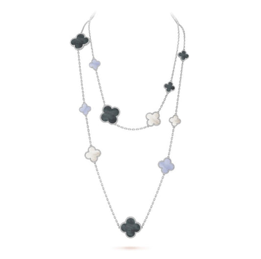 [Panda Jewelry]CLOVER 16 MOTIF CHALCEDONY MOP SILVER NECKLACE