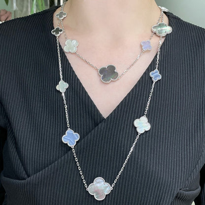 [Panda Jewelry]CLOVER 16 MOTIF CHALCEDONY MOP SILVER NECKLACE