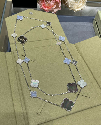 [Panda Jewelry]CLOVER 16 MOTIF CHALCEDONY MOP SILVER NECKLACE