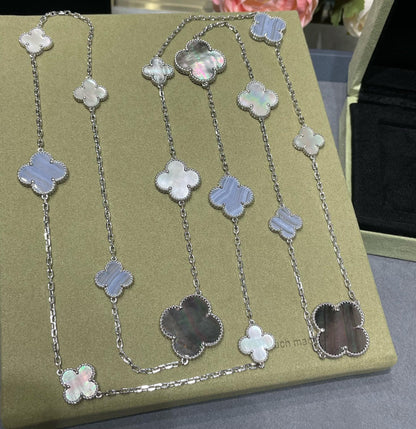 [Panda Jewelry]CLOVER 16 MOTIF CHALCEDONY MOP SILVER NECKLACE