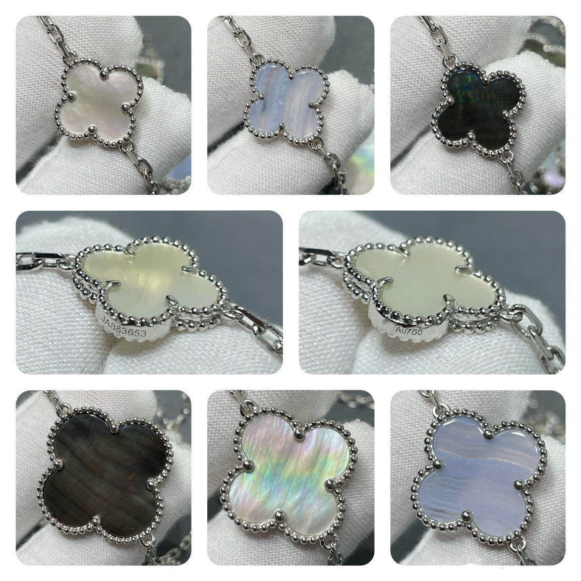 [Panda Jewelry]CLOVER 16 MOTIF CHALCEDONY MOP SILVER NECKLACE