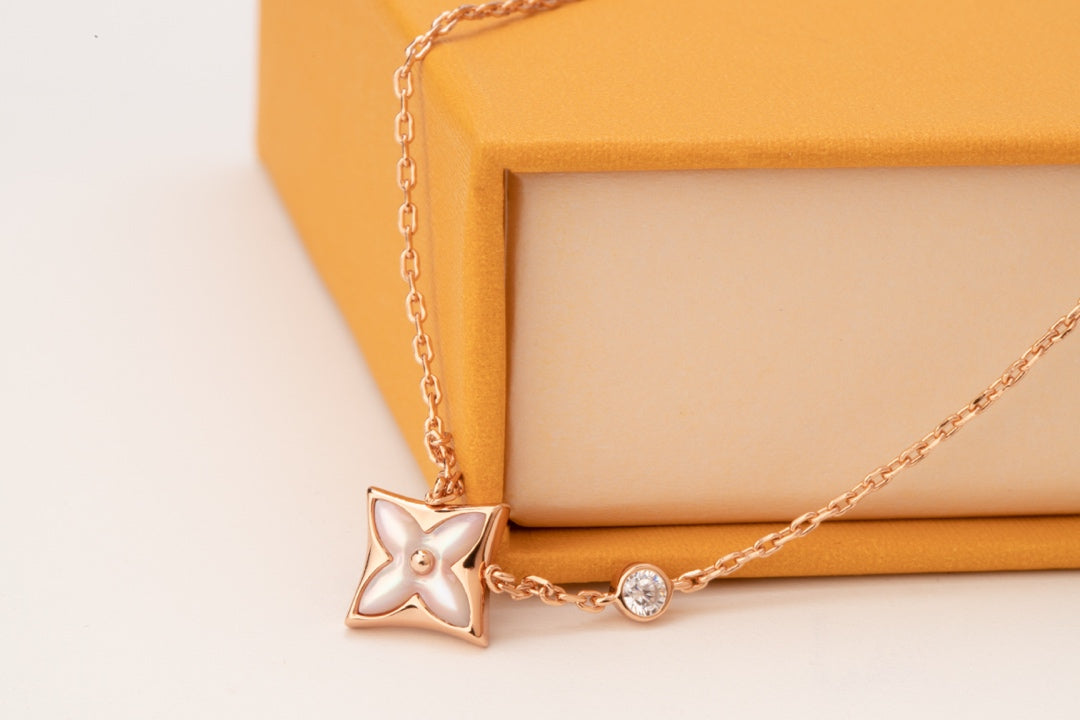 [Panda Jewelry]STAR PINK MOP 1 DIAMOND PINK GOLD NECKLACE