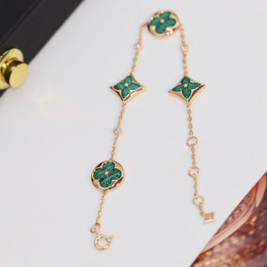 [Panda Jewelry]STAR AND SUN 4 MOTIF PINK GOLD MALACHITE BRACELET