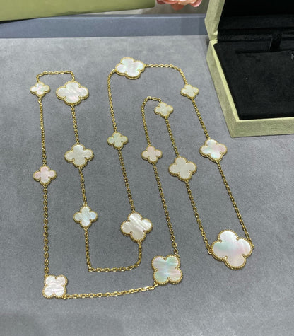 [Panda Jewelry]CLOVER 16 MOTIF WHITE MOP GOLD NECKLACE