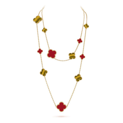 [Panda Jewelry]CLOVER 16 MOTIF CARNELIAN TIGER EYE ROSE GOLD NECKLACE