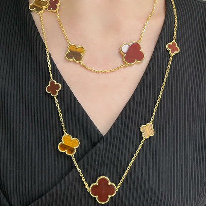 [Panda Jewelry]CLOVER 16 MOTIF CARNELIAN TIGER EYE ROSE GOLD NECKLACE
