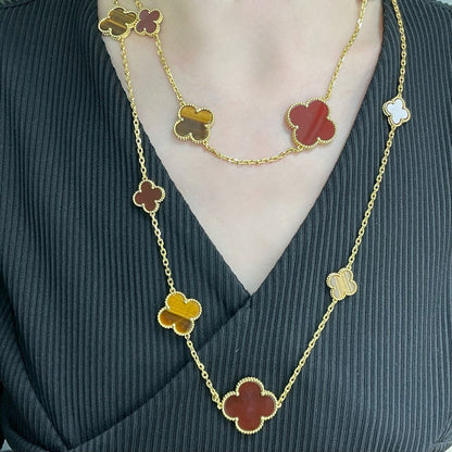 [Panda Jewelry]CLOVER 16 MOTIF CARNELIAN TIGER EYE ROSE GOLD NECKLACE