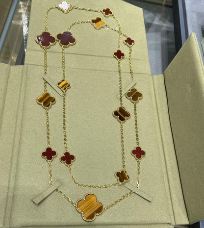 [Panda Jewelry]CLOVER 16 MOTIF CARNELIAN TIGER EYE ROSE GOLD NECKLACE