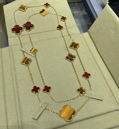 [Panda Jewelry]CLOVER 16 MOTIF CARNELIAN TIGER EYE ROSE GOLD NECKLACE