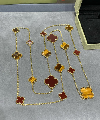 [Panda Jewelry]CLOVER 16 MOTIF CARNELIAN TIGER EYE ROSE GOLD NECKLACE