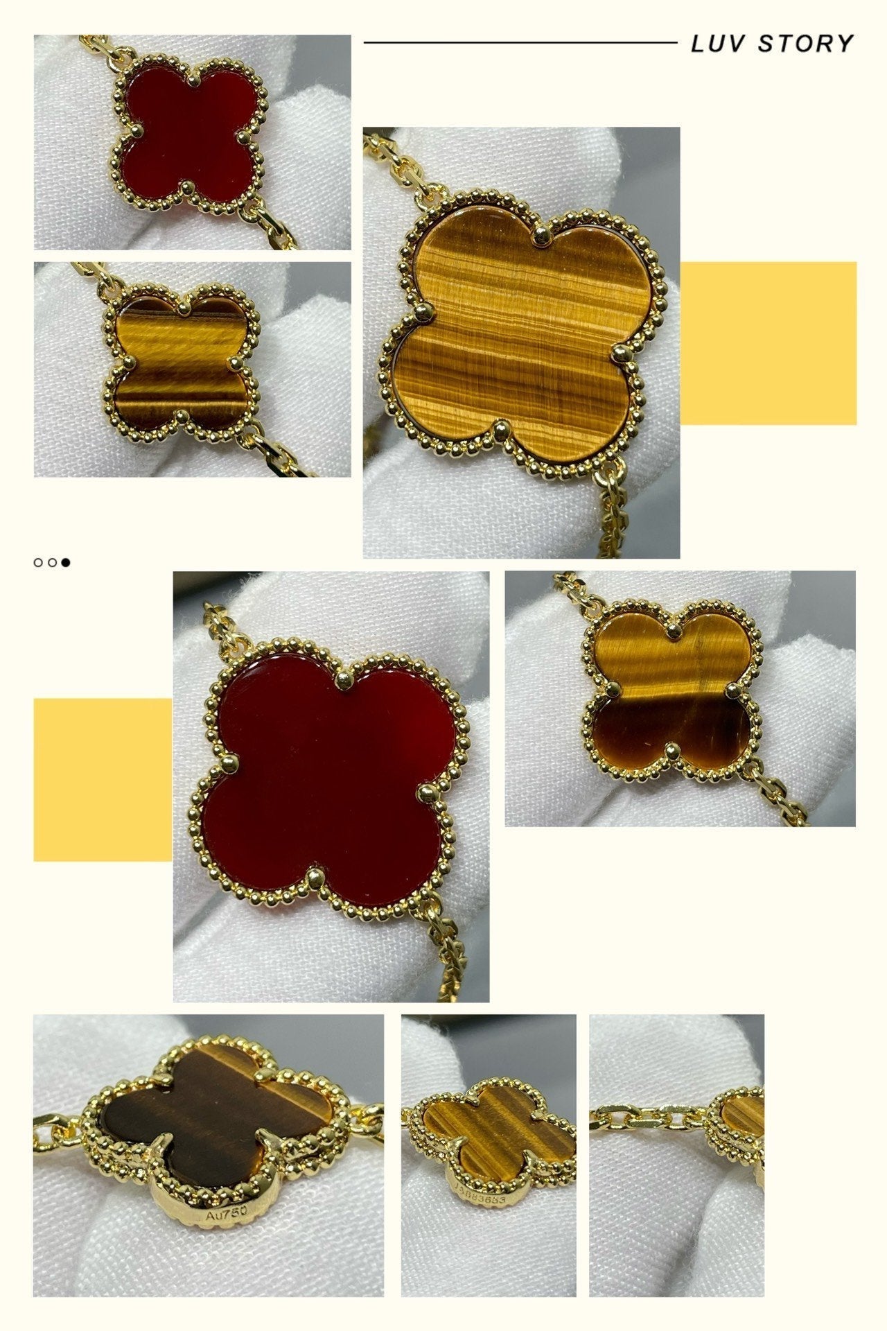 [Panda Jewelry]CLOVER 16 MOTIF CARNELIAN TIGER EYE ROSE GOLD NECKLACE