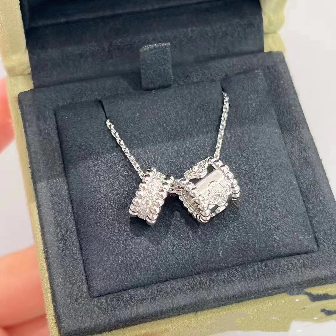 [Panda Jewelry]PERLEE DOUBLE PENDANT SILVER DIAMOND NECKLACE