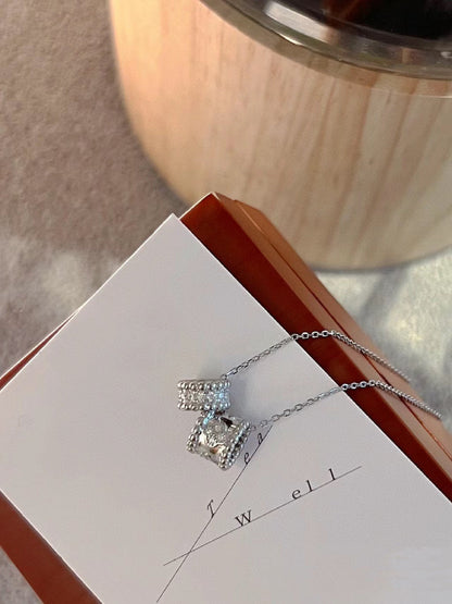 [Panda Jewelry]PERLEE DOUBLE PENDANT SILVER DIAMOND NECKLACE