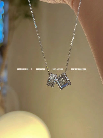 [Panda Jewelry]PERLEE DOUBLE PENDANT SILVER DIAMOND NECKLACE