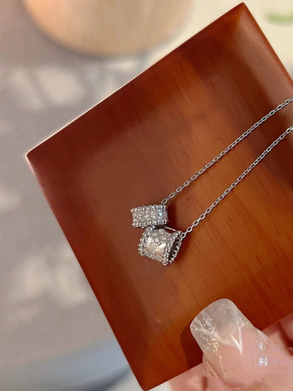 [Panda Jewelry]PERLEE DOUBLE PENDANT SILVER DIAMOND NECKLACE