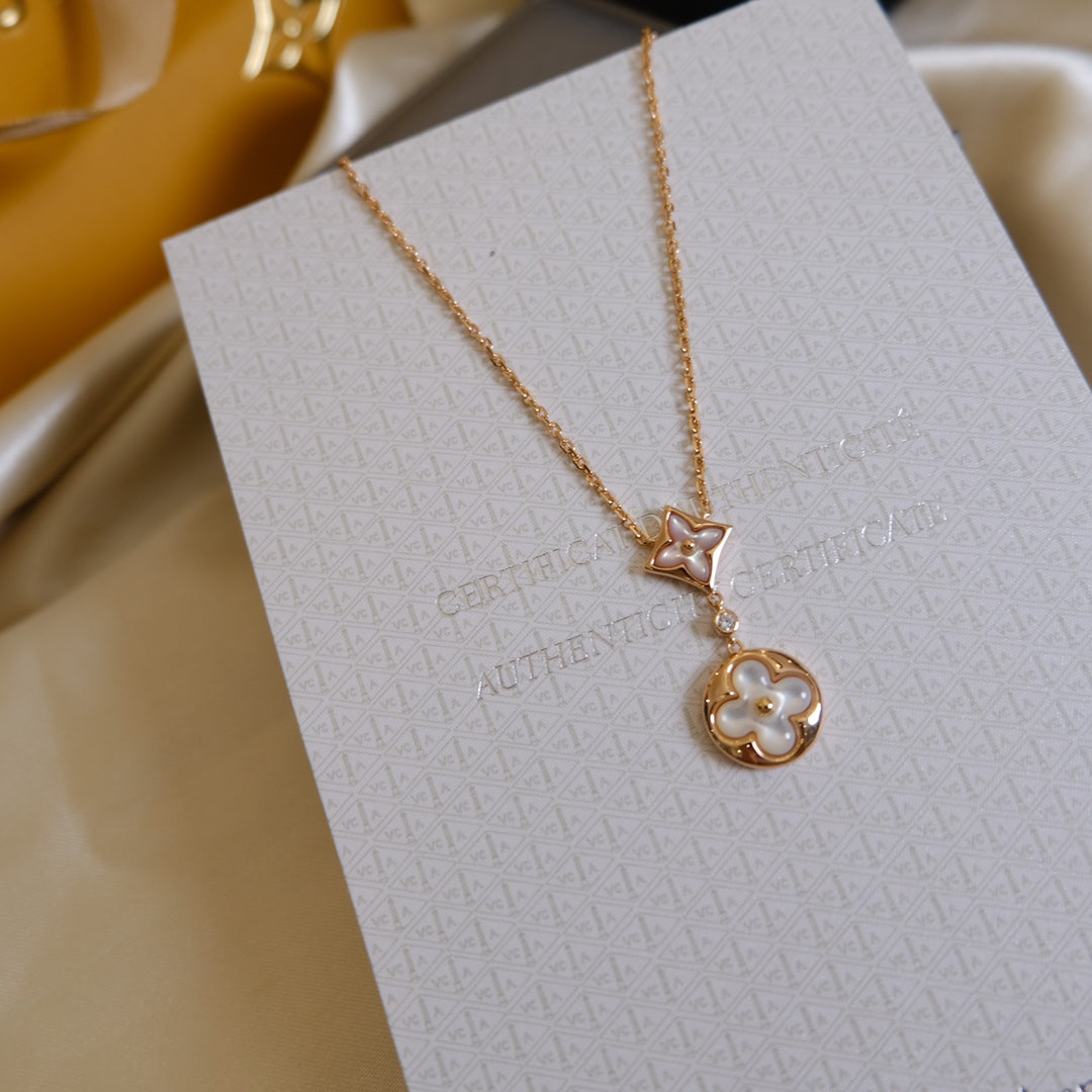 [Panda Jewelry]STAR AND SUN WHITE MOP 2 MOTIF PINK GOLD NECKLACE