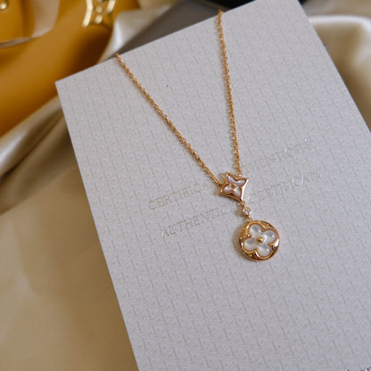 [Panda Jewelry]STAR AND SUN WHITE MOP 2 MOTIF PINK GOLD NECKLACE