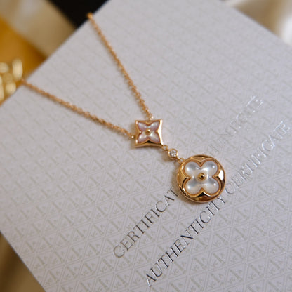 [Panda Jewelry]STAR AND SUN WHITE MOP 2 MOTIF PINK GOLD NECKLACE