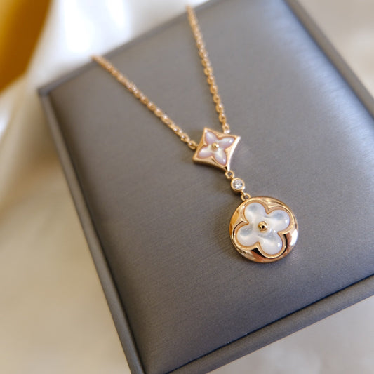 [Panda Jewelry]STAR AND SUN WHITE MOP 2 MOTIF PINK GOLD NECKLACE